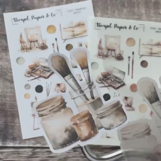 kleiner Stickerbogen mit Maler Motiven wie Leinwand und Farbpalette, jeweils einzeln ablösbare Sticker für Bullet Journal, Planer, Kalender
