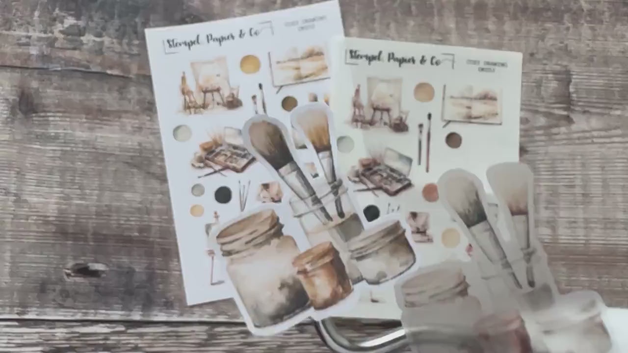 kleiner Stickerbogen mit Maler Motiven wie Leinwand und Farbpalette, jeweils einzeln ablösbare Sticker für Bullet Journal, Planer, Kalender